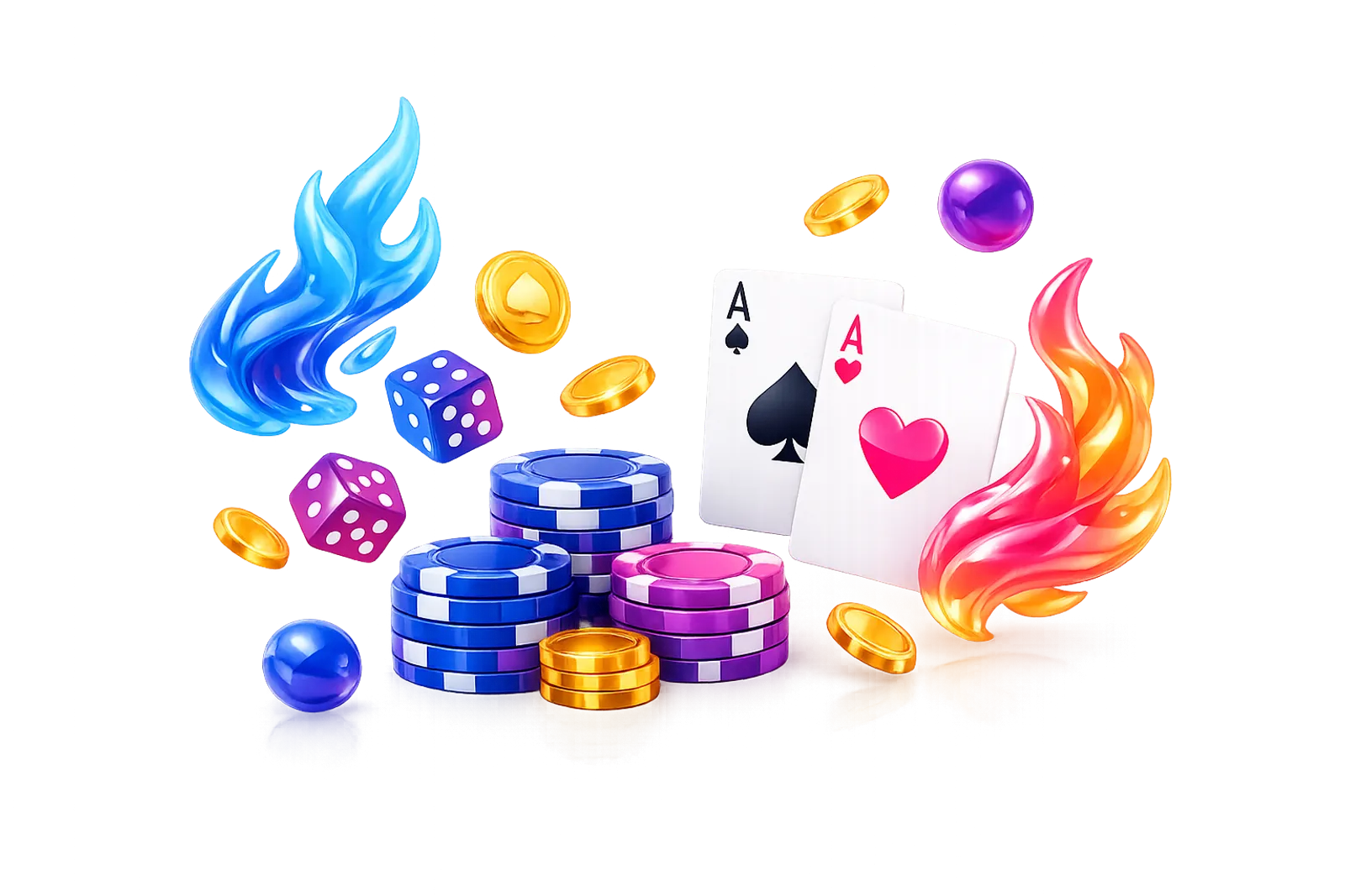 Abstract 3D render with floating gaming elements, stacked poker chips, and glowing gold coins for Spinoo hero banner.