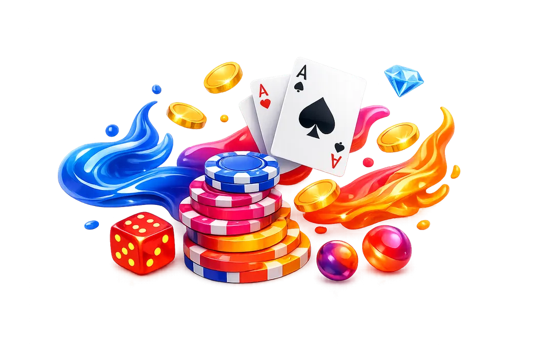 Modern isometric 3D render featuring floating gaming elements, poker chips, playing cards, and glowing coins for Spinoo.